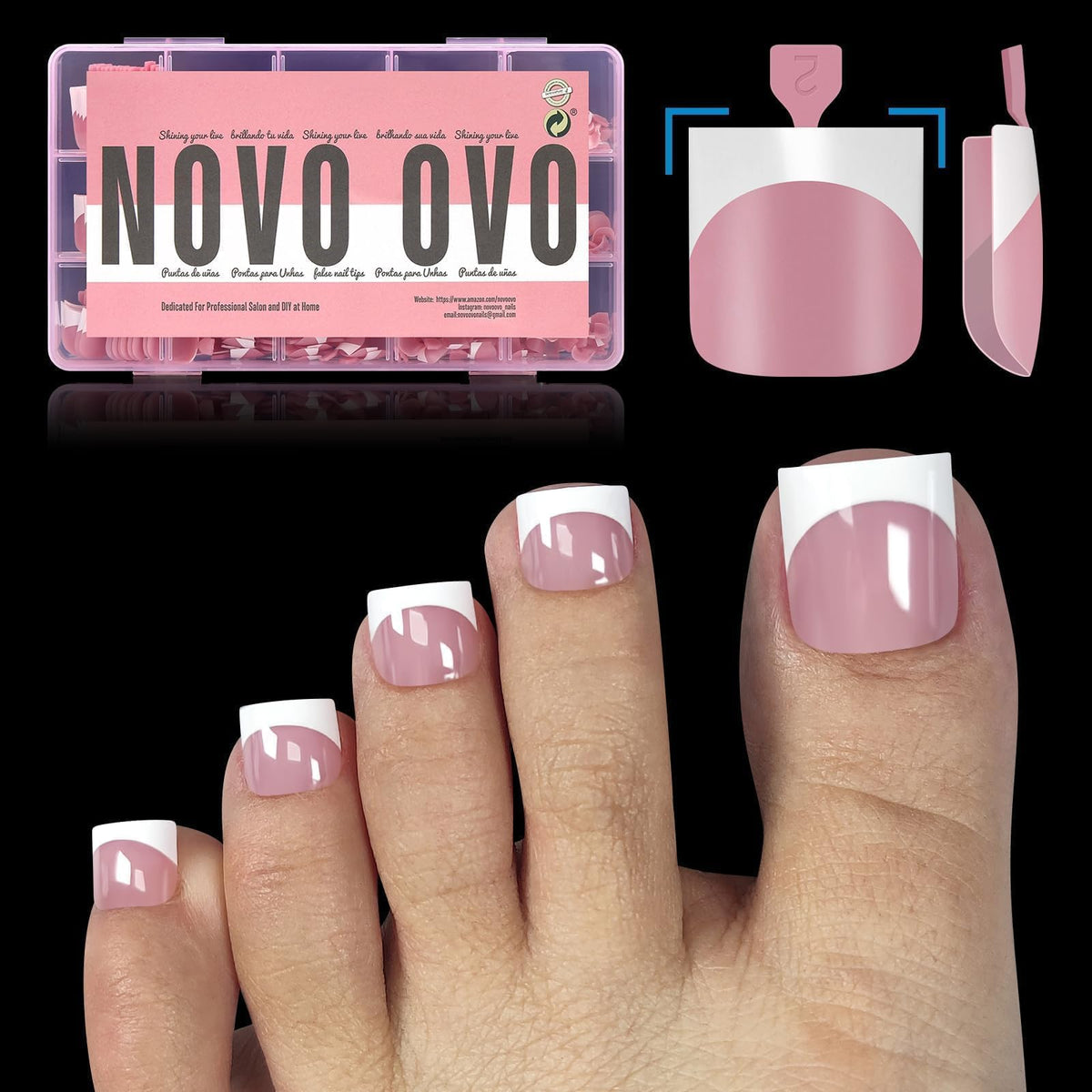 NOVO OVO Berry Pink French Tip toe nails packaging showcases easy DIY pedicure options