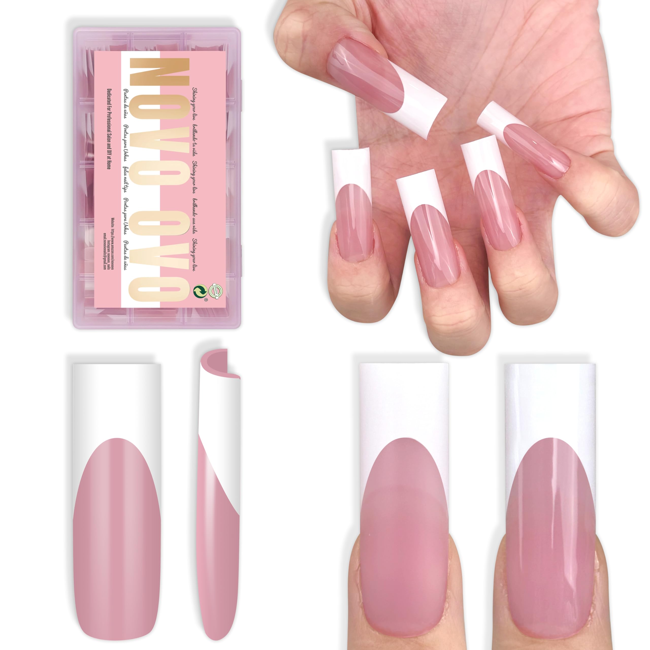 NOVO OVO long sharp square white French tip nails in berry pink for a quick 15-minute manicure