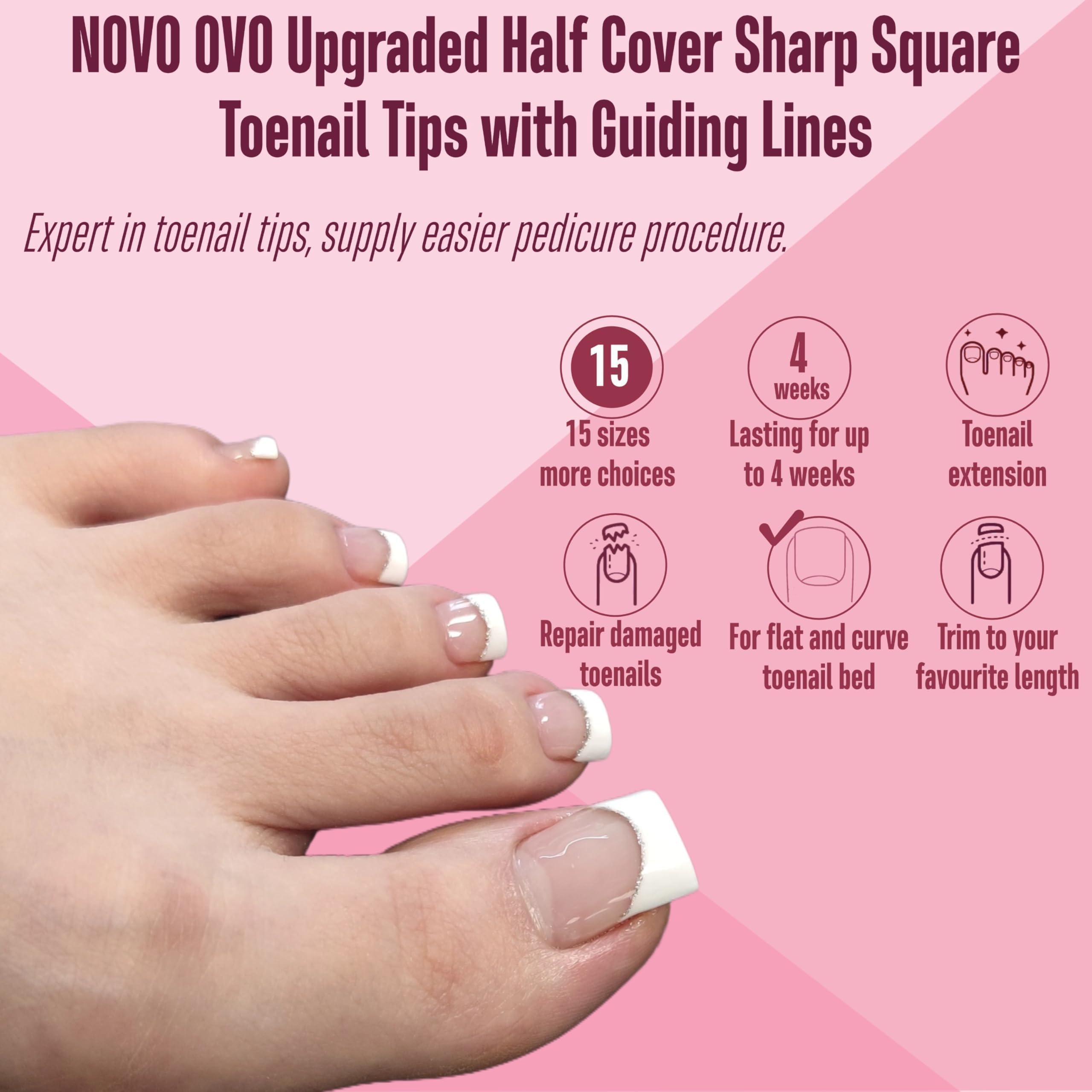 NOVO OVO salon and DIY pedicure tips compatible with polish, dip powder, poly gel, acrylic.