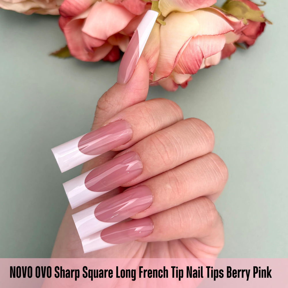 NOVO OVO soft gel nail tips in berry pink ready for easy press-on application