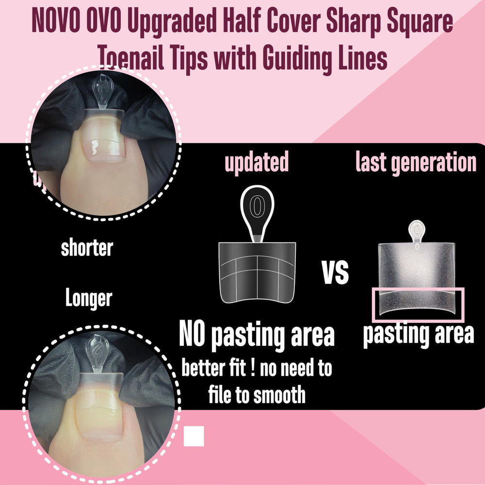 NOVO OVO soft gel toe nail tips 15-size set shown for best fit on varied nails.