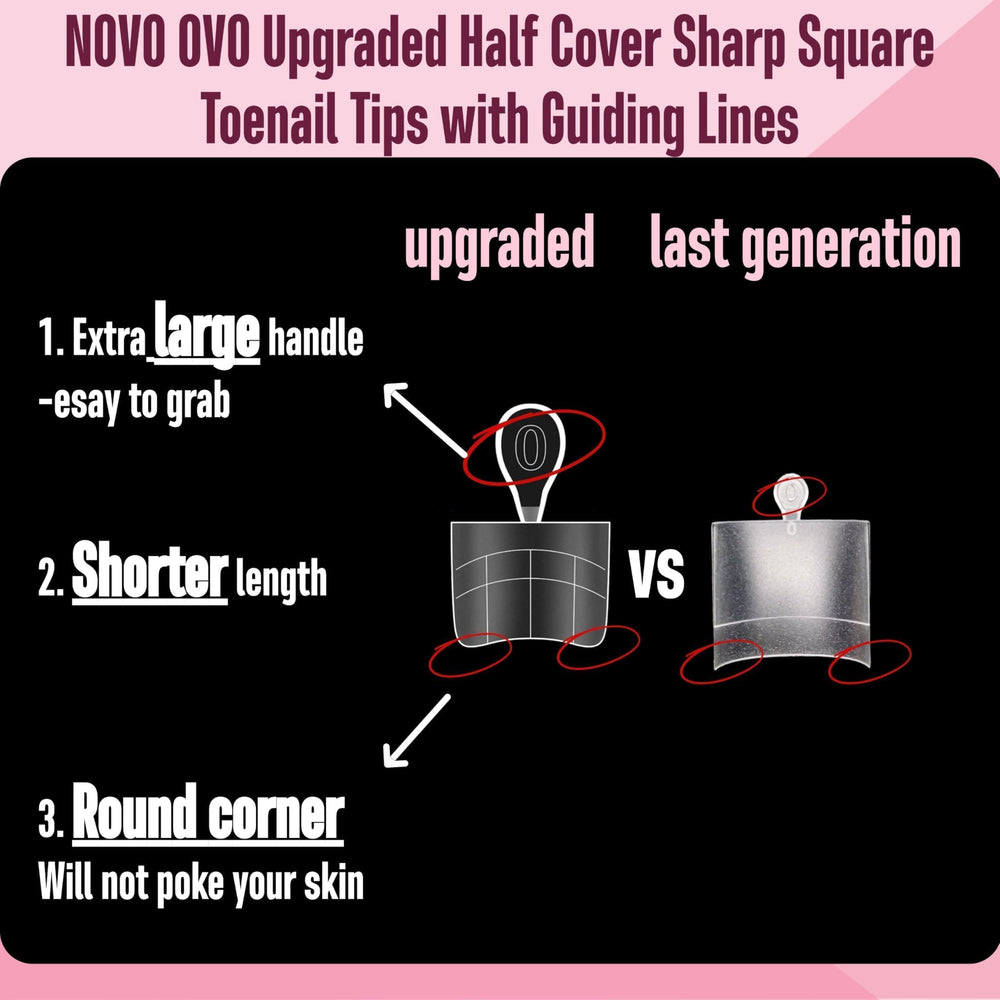 NOVO OVO soft gel toe tips with thin cuticle edge for seamless wear on flat and curved nails.