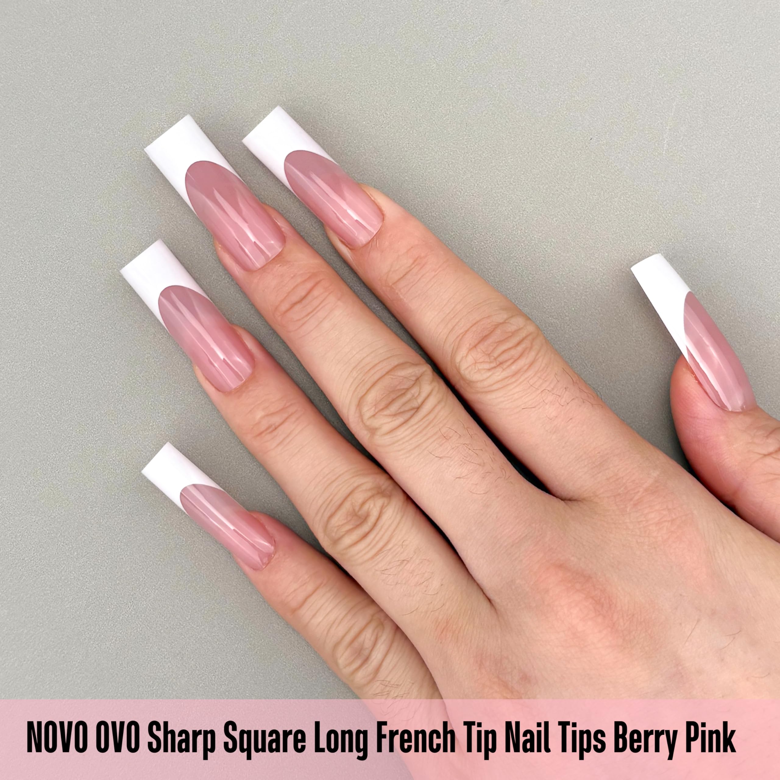 NOVO OVO top coat and glue included for a glossy berry pink nail set