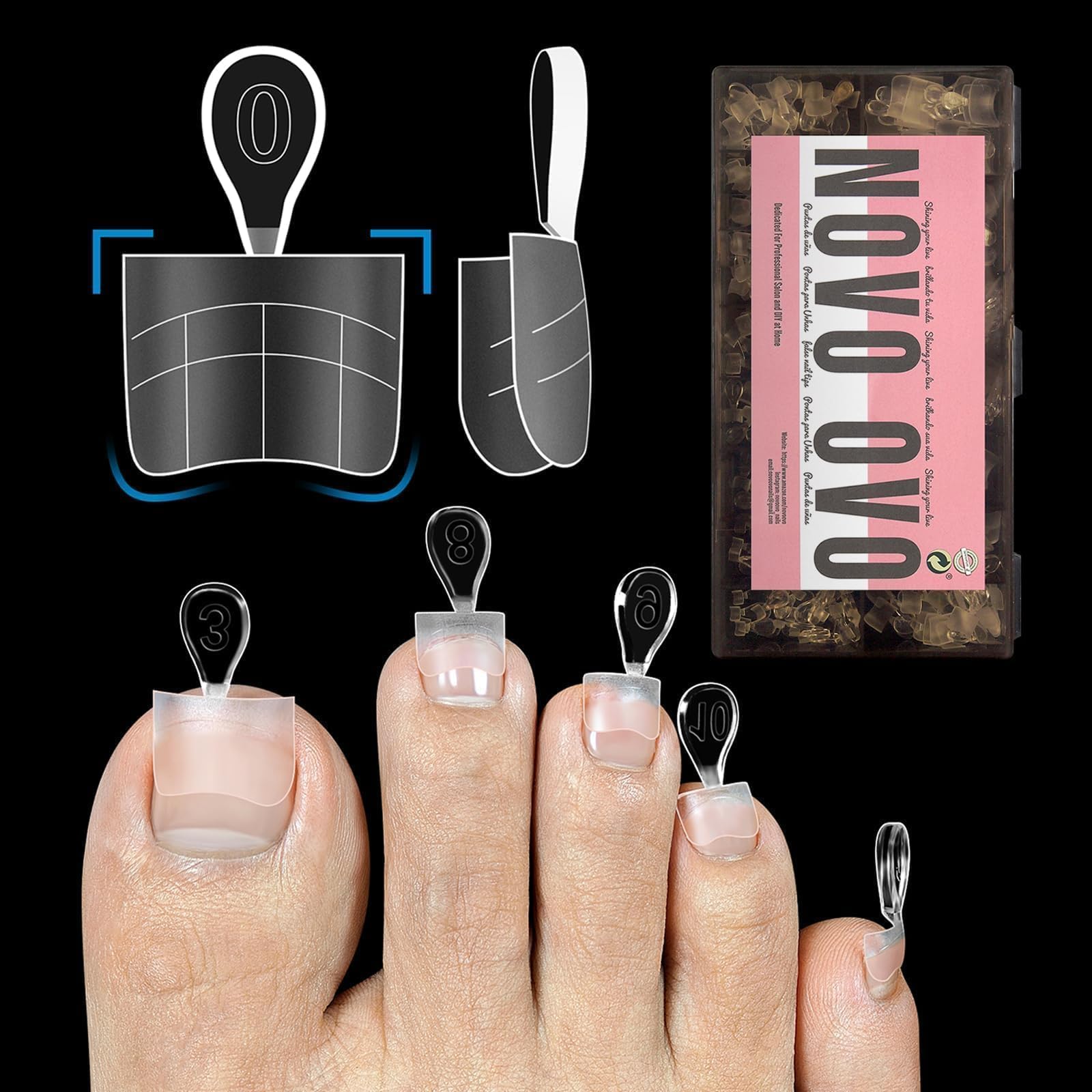 NOVO OVO soft gel toe nail tips with guiding line closeup for precise placement during pedicures.