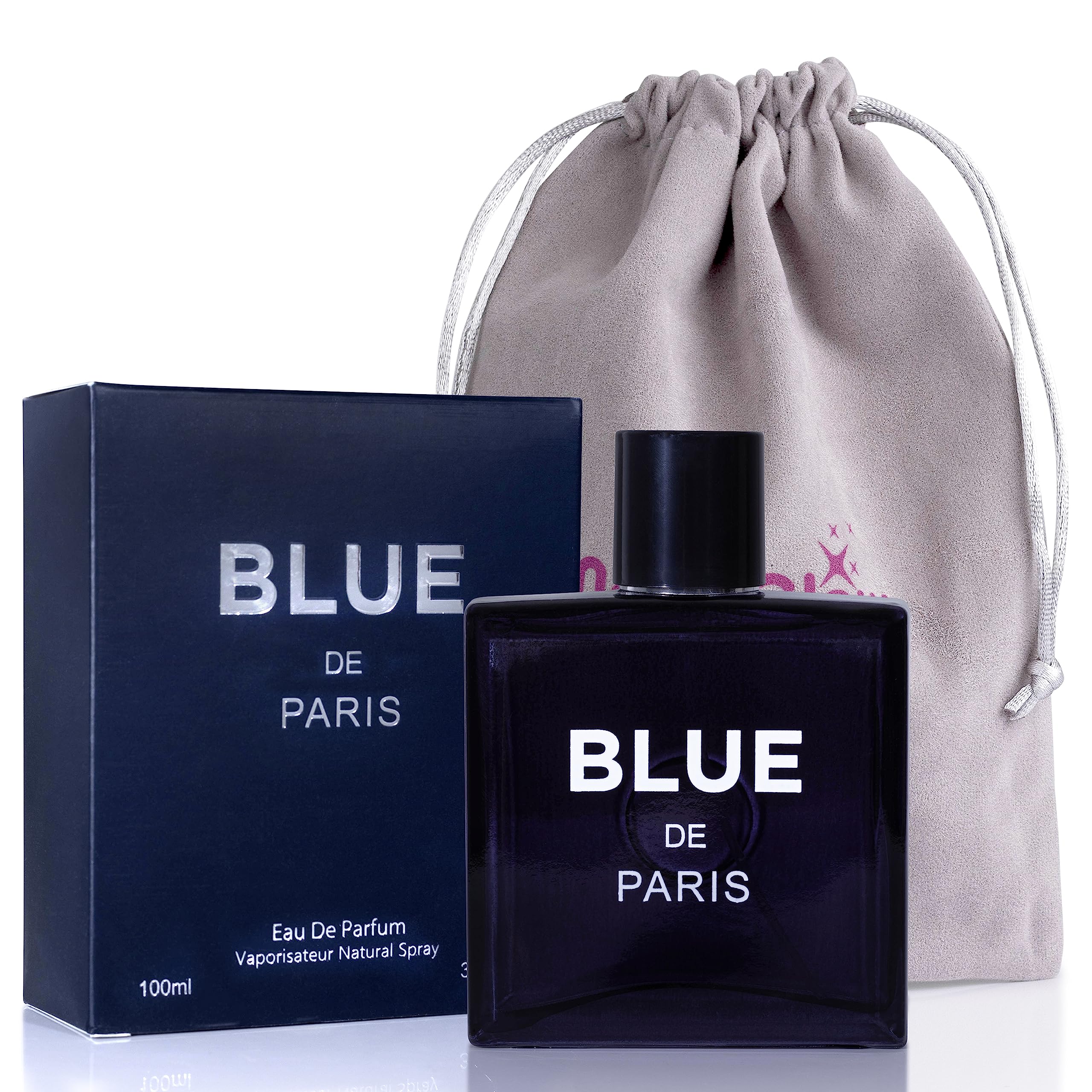 NovoGlow Blue De Paris bottle-front reveals a fresh woody citrus profile for daily confidence.