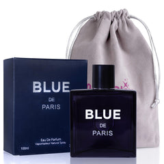 NovoGlow Blue De Paris bottle-front reveals a fresh woody citrus profile for daily confidence.