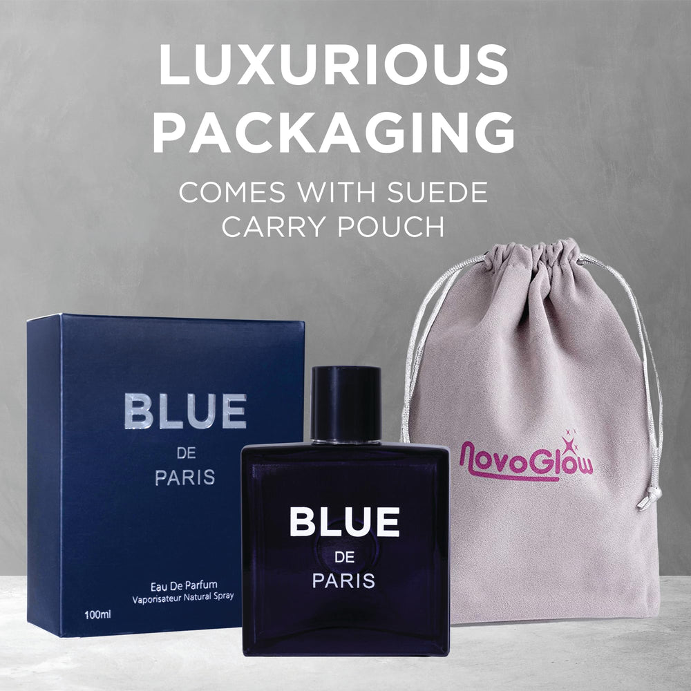 NovoGlow Blue De Paris day-time-use image emphasizes versatile wear and lasting presence.