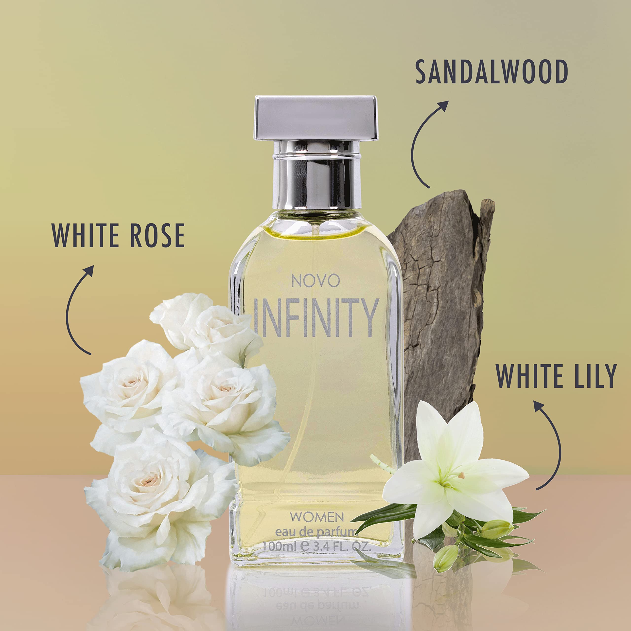 NovoGlow Infinity for Women bottle label close-up highlighting refined scent design.