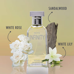 NovoGlow Infinity for Women bottle label close-up highlighting refined scent design.