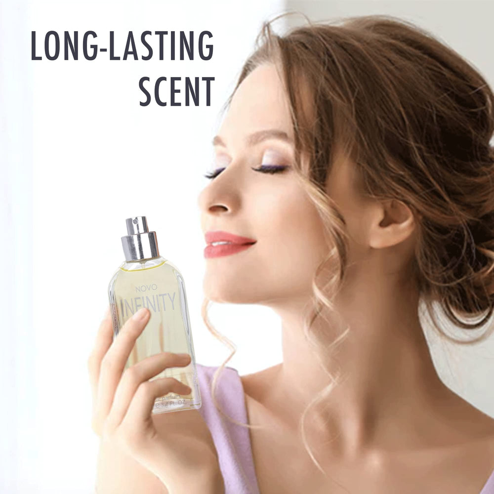 NovoGlow Infinity for Women notes graphic illustrating citrus, florals, and musk versatility.