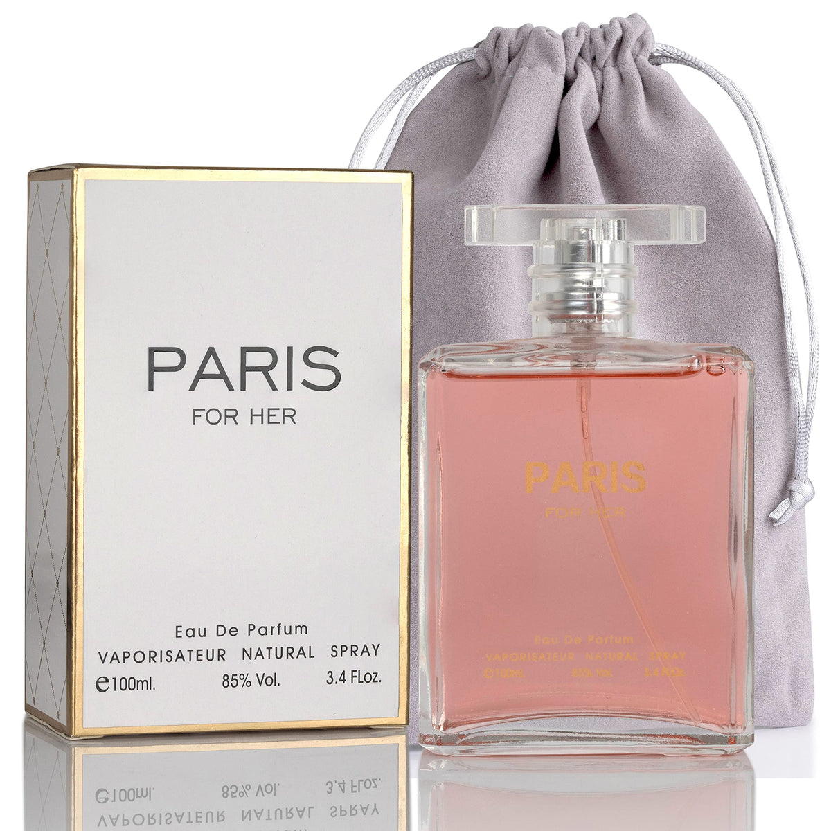 NovoGlow Paris For Her EDP bottle, 3-4oz, sleek design for everyday elegance.