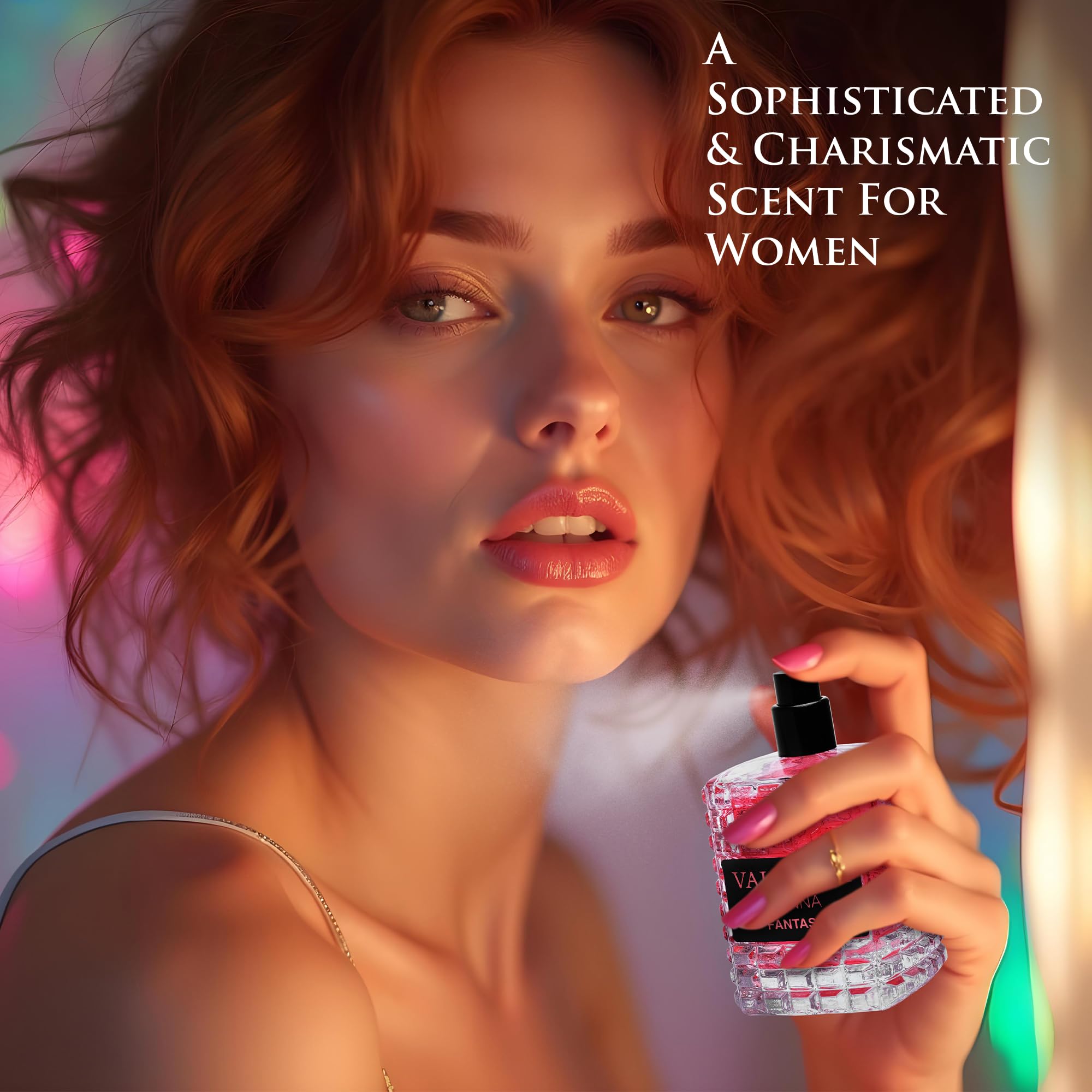 NovoGlow Valencia Donna Fantasy base notes white musk and Texas cedar for a warm finish.