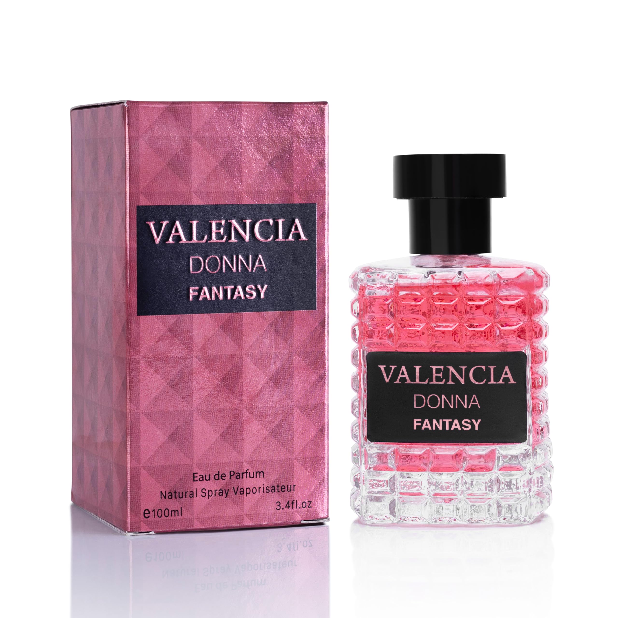 NovoGlow Valencia Donna Fantasy bottle front view with elegant design and lasting feminine scent.