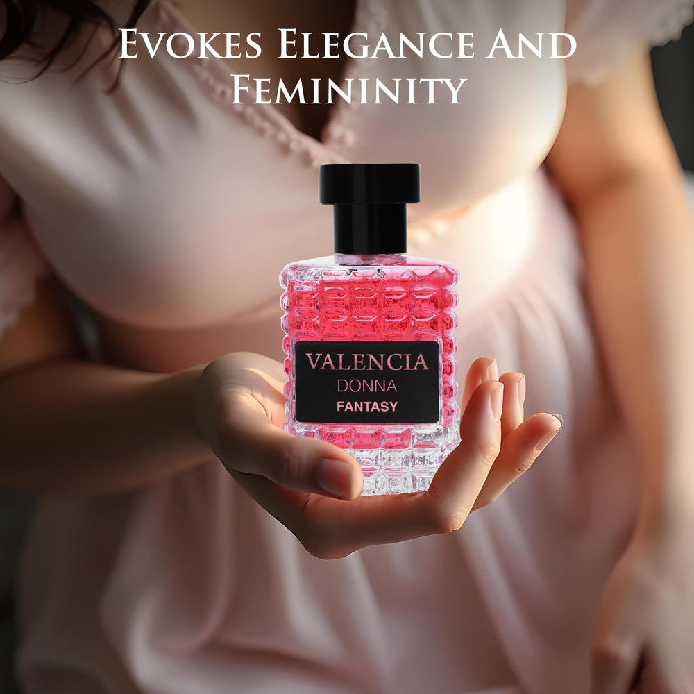 NovoGlow Valencia Donna Fantasy floral-fruity portrait emphasizing day or night wear versatility.