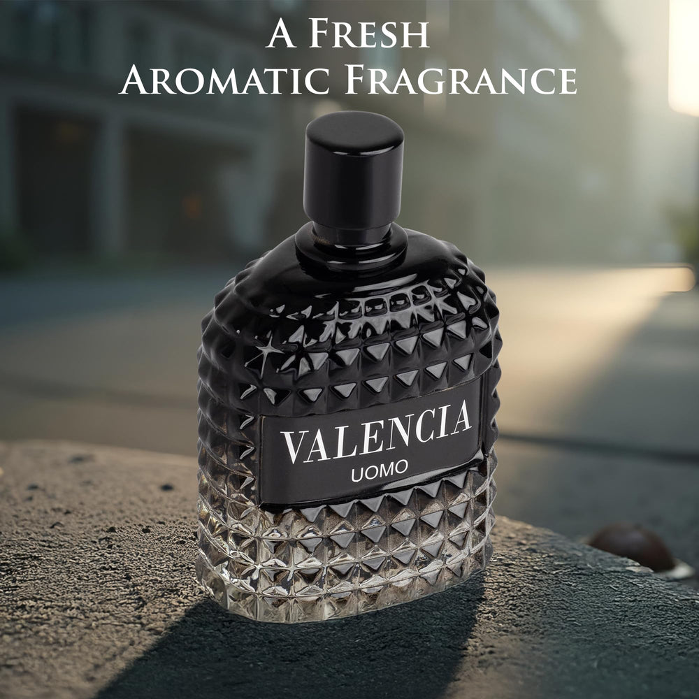 NovoGlow Valencia UOMO top notes blend mineral salt and violet leaf for a fresh start.