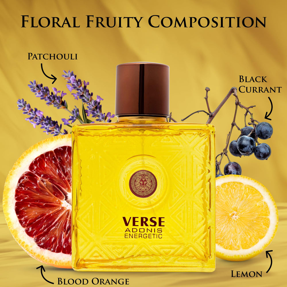 NovoGlow Verse Adonis Energetic citrus top notes image emphasizing vibrant daytime confidence