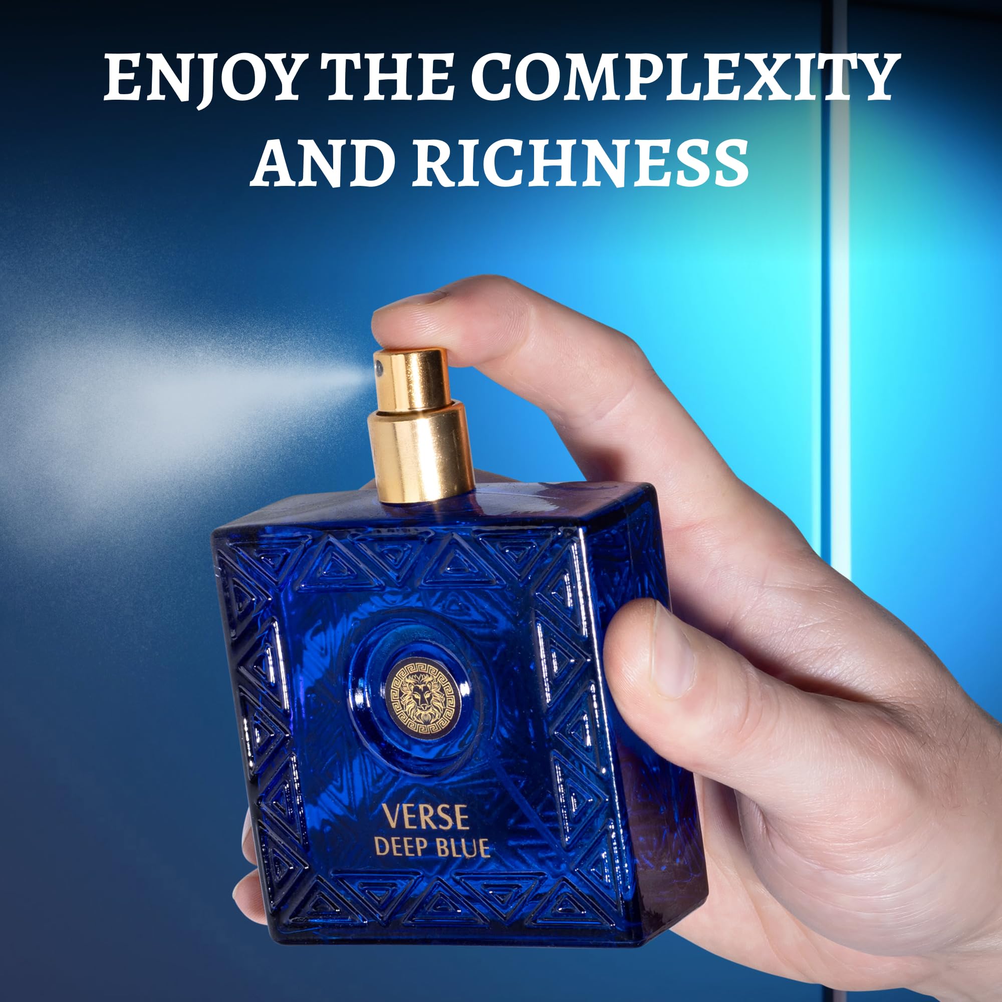 NovoGlow Verse Deep Blue on a dresser, long-lasting fragrance option.