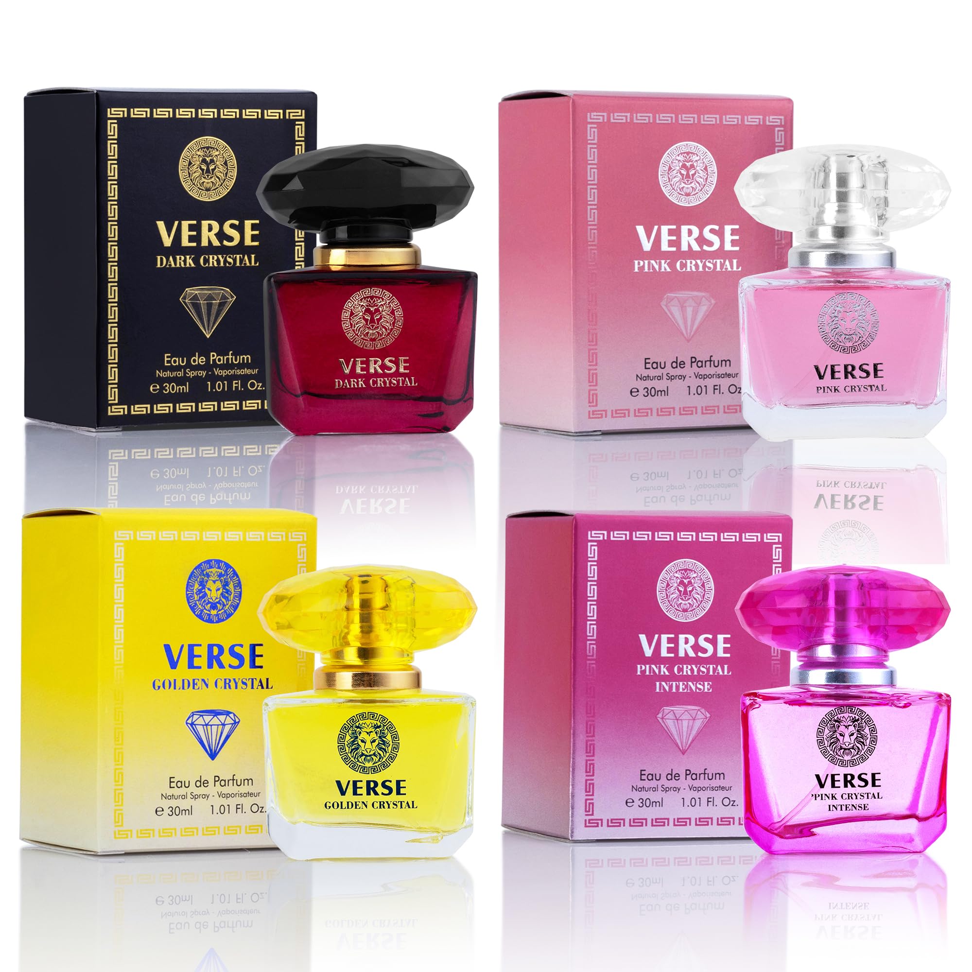 NovoGlow Verse Golden Crystal 30ml bottle close-up showing radiant floral freshness.