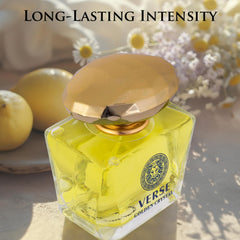 NovoGlow Verse Golden Crystal 100ml bottle on vanity conveys ready-to-wear sophistication