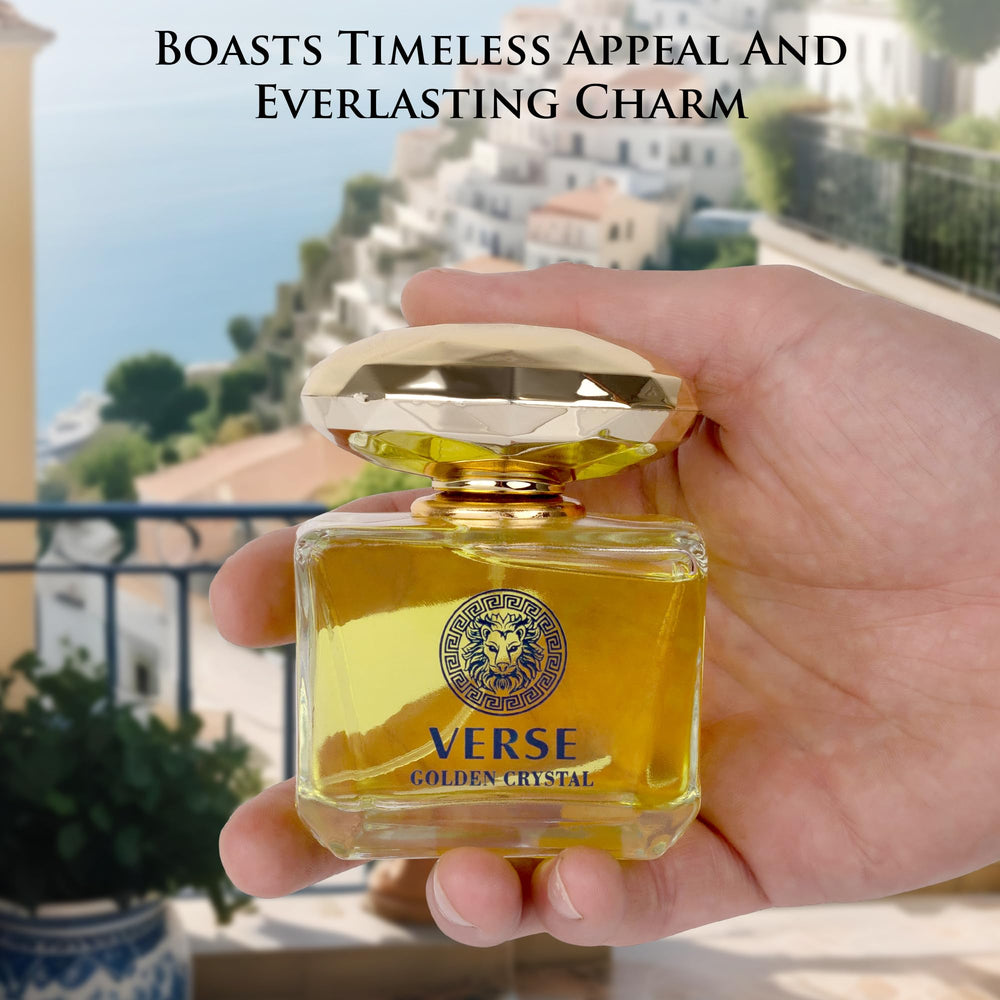 NovoGlow Verse Golden Crystal display on shelf highlights paraben-free formulation and refined fragrance
