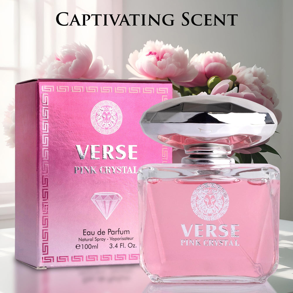 NovoGlow Verse Pink Crystal bottle closeup showcases sparkling glass and premium vibe.