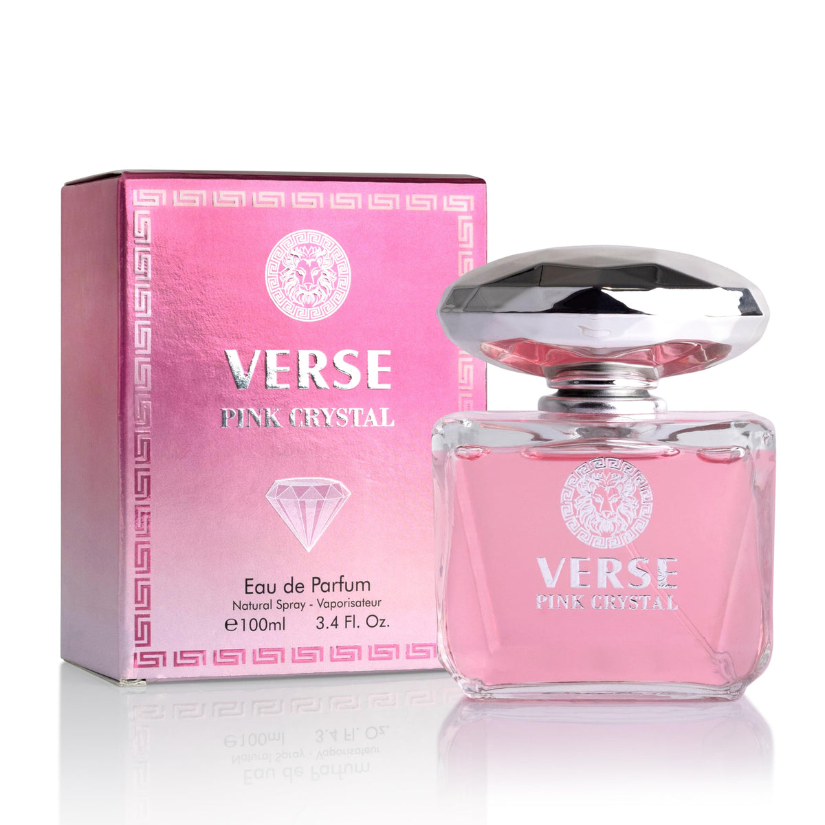NovoGlow Verse Pink Crystal bottle front presents elegant design for daily luxury.