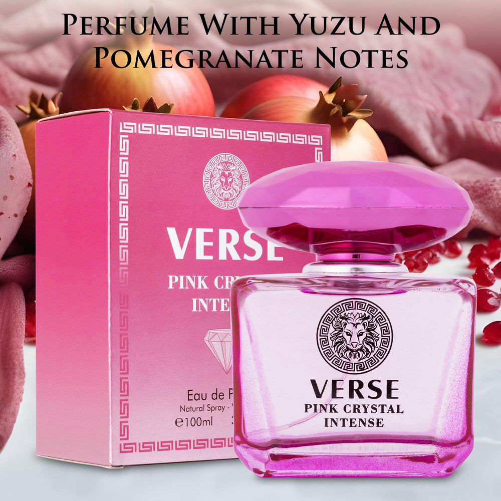 NovoGlow Verse Pink Crystal Intense bottle close-up highlighting premium glass and pink hue.