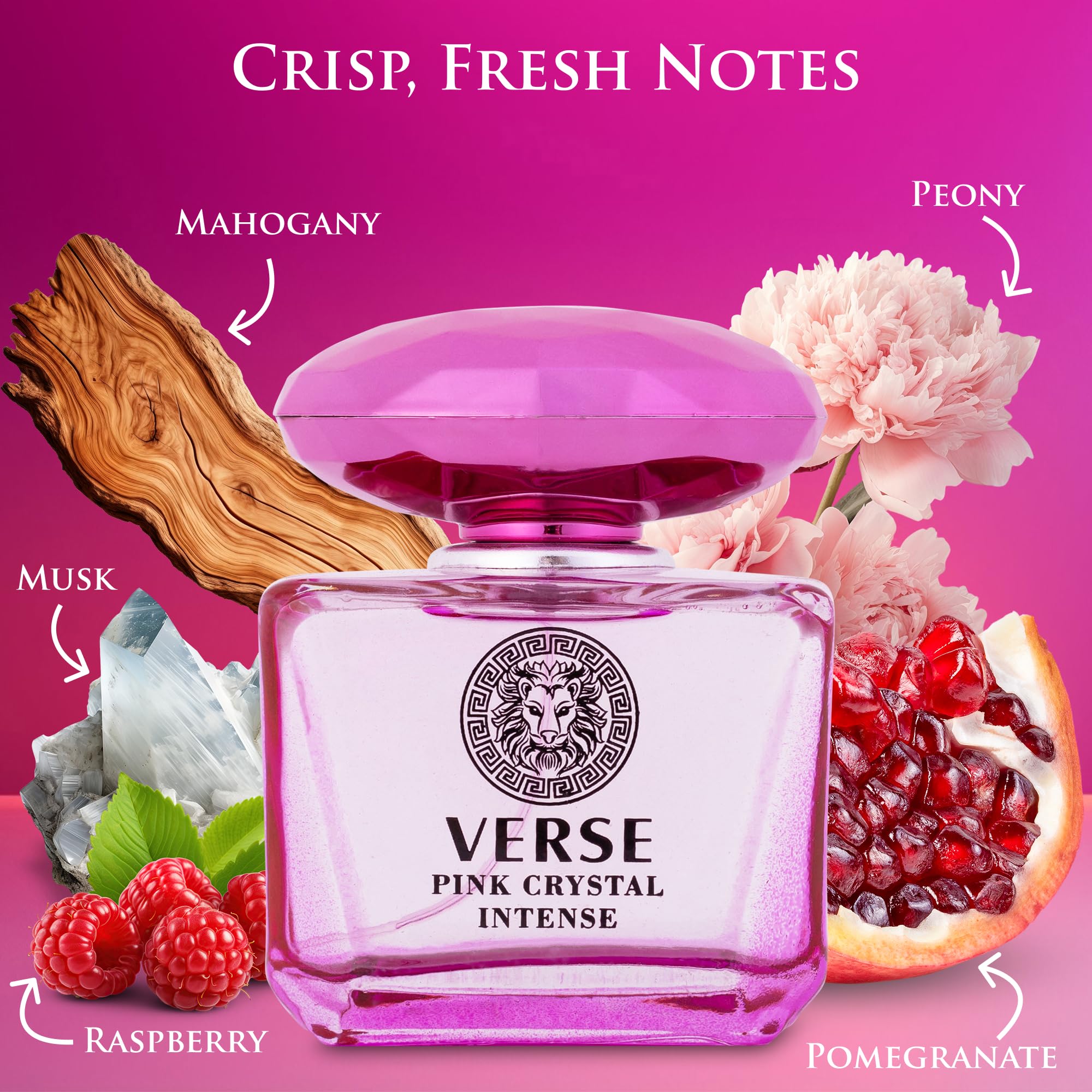 NovoGlow Verse Pink Crystal Intense heart notes showcase romantic floral depth.