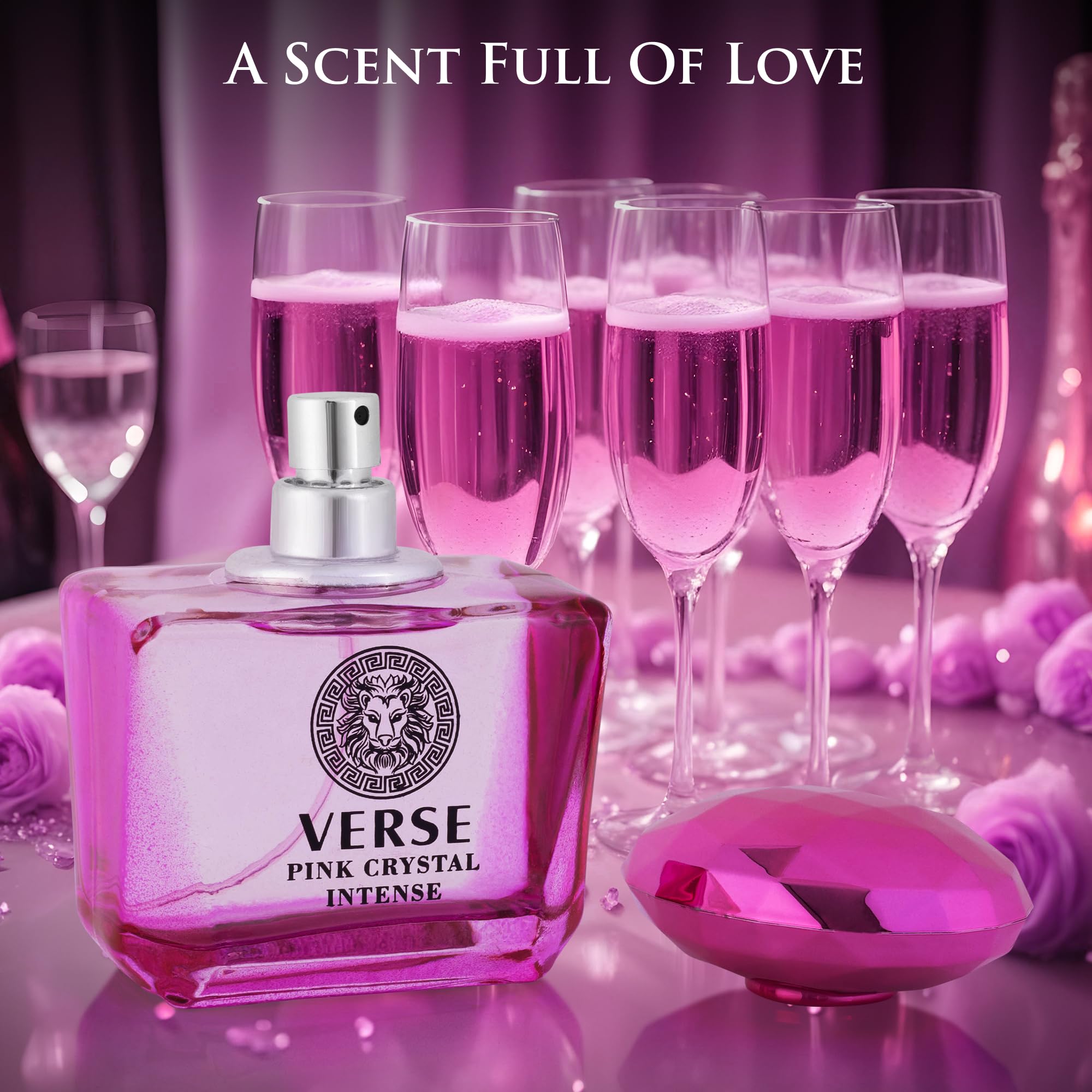 NovoGlow Verse Pink Crystal Intense pour shot illustrating long-lasting scent trail.
