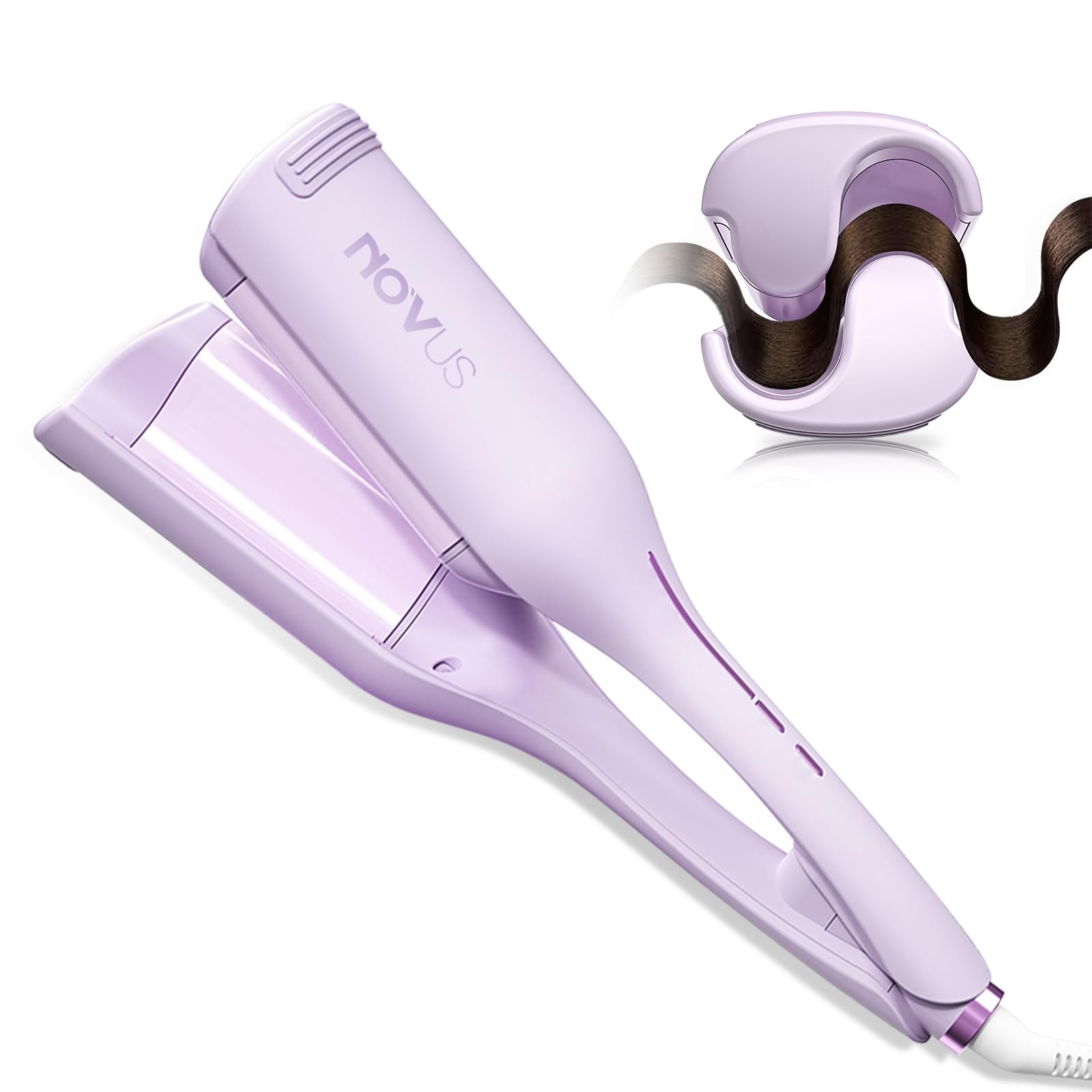 NOVUS curling iron crimper waver closeup showing 36mm waves for smooth styling