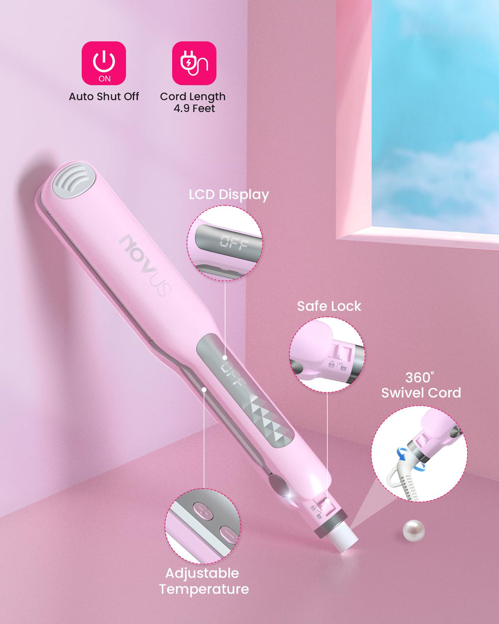NOVUS Flat Iron with negative ions seals cuticles for shine and reduced frizz