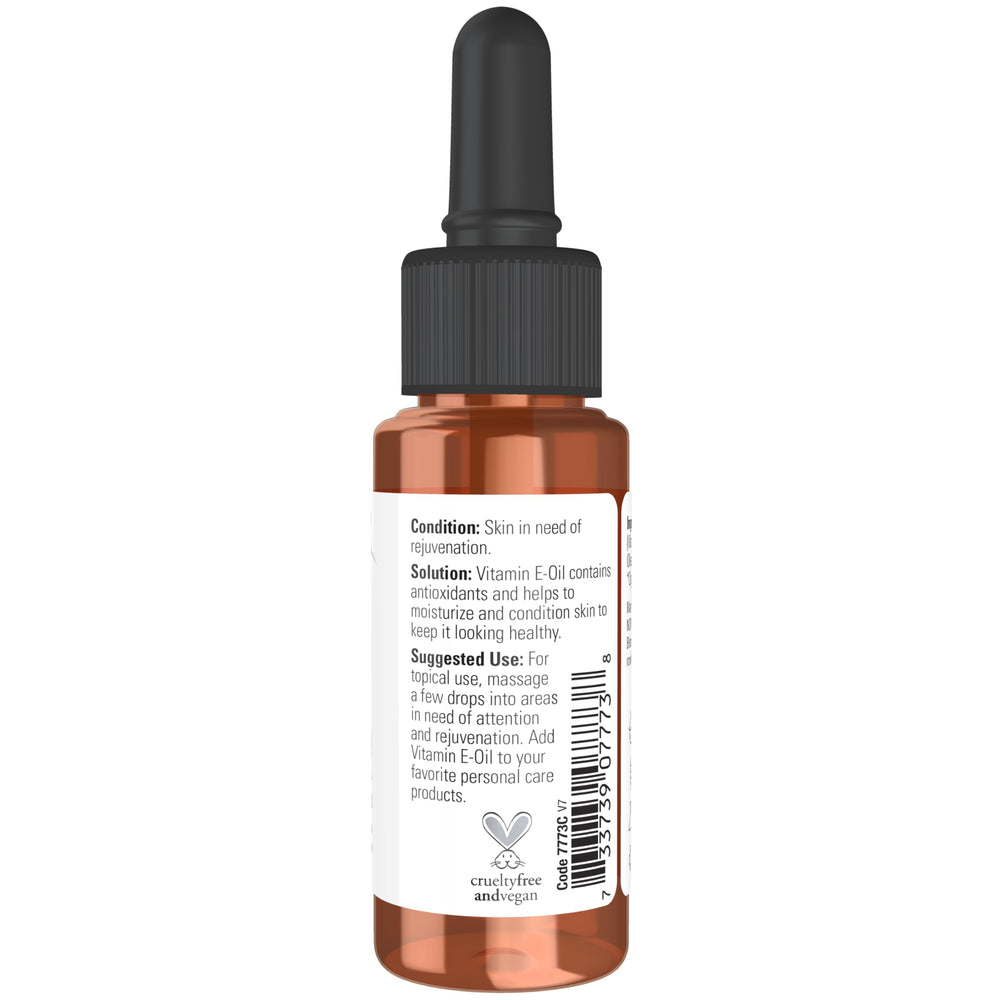 NOW Foods E-Oil with vitamin E and soy tocopherol provides antioxidant-rich skincare.