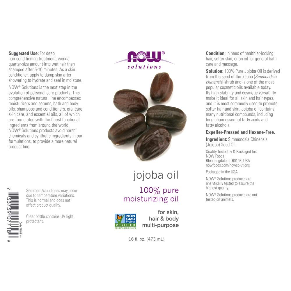 NOW Foods Jojoba Oil closeup shows pure nourishing formula.