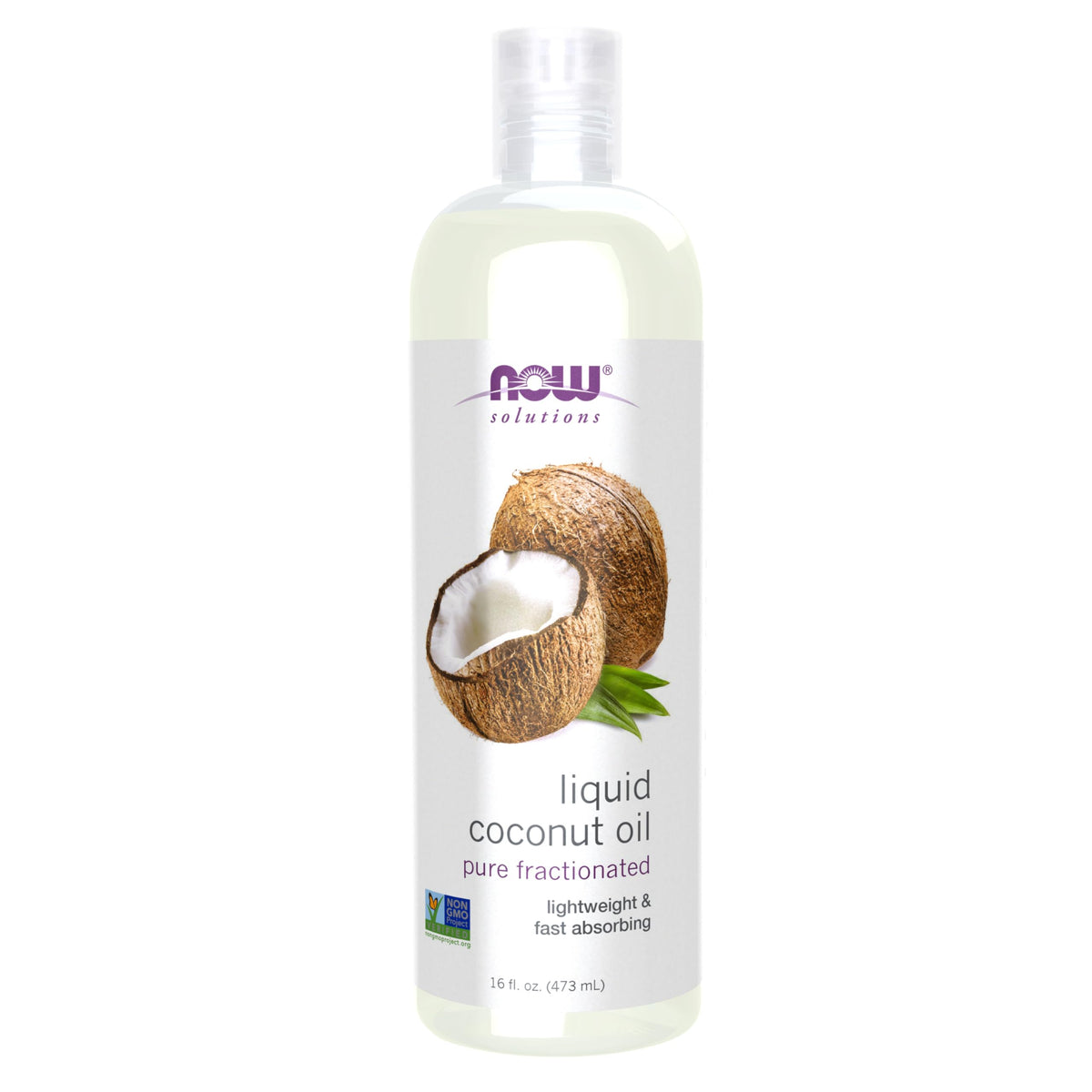 NOW Foods Liquid Coconut Oil bottle shows light texture and fast absorption for skin care.