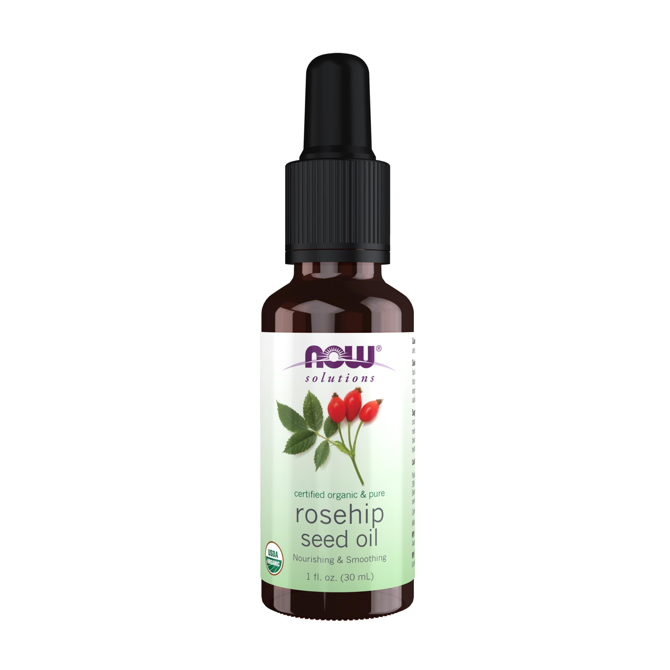 NOW Foods Rose Hip Seed Oil bottle highlighting pure, organic formula for facial care
