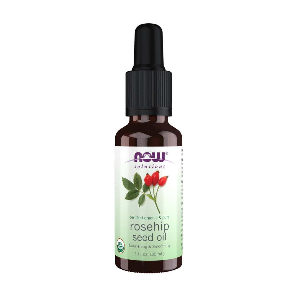 NOW Foods Rose Hip Seed Oil bottle highlighting pure, organic formula for facial care