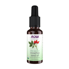 NOW Foods Rose Hip Seed Oil bottle highlighting pure, organic formula for facial care