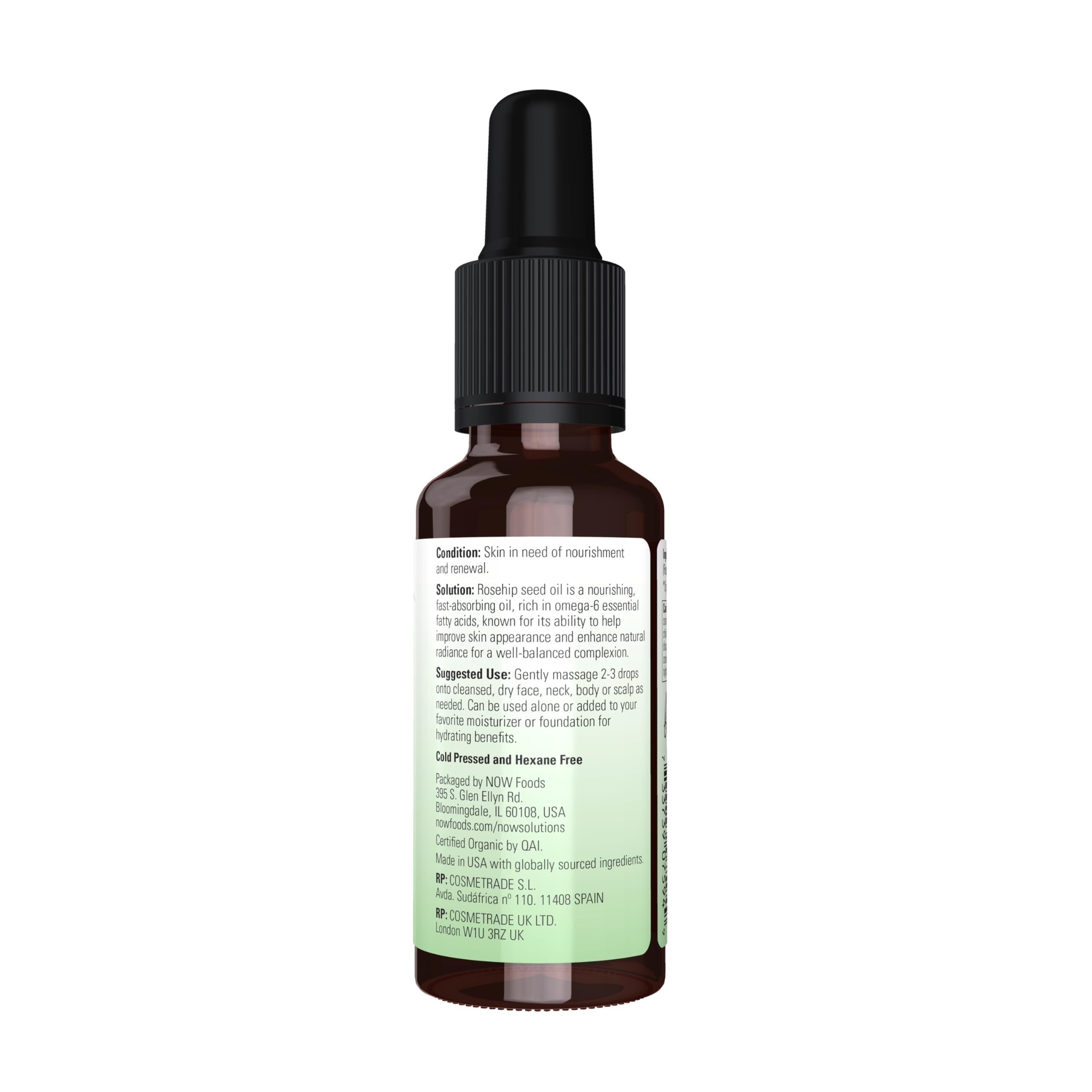 NOW Foods Rose Hip Seed Oil label emphasizes certified organic, pure, expeller-pressed quality