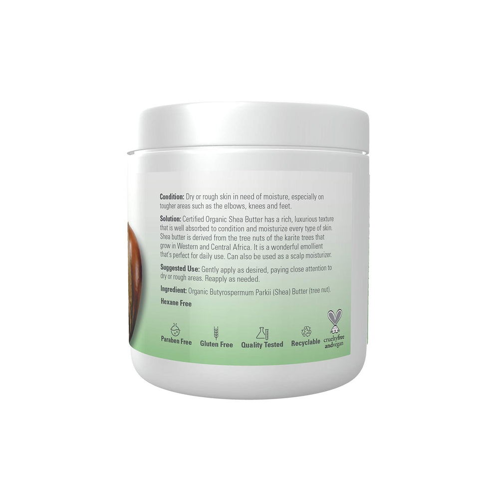 NOW Foods Shea Butter ingredients panel confirms organic Butyrospermum Parkii butter.