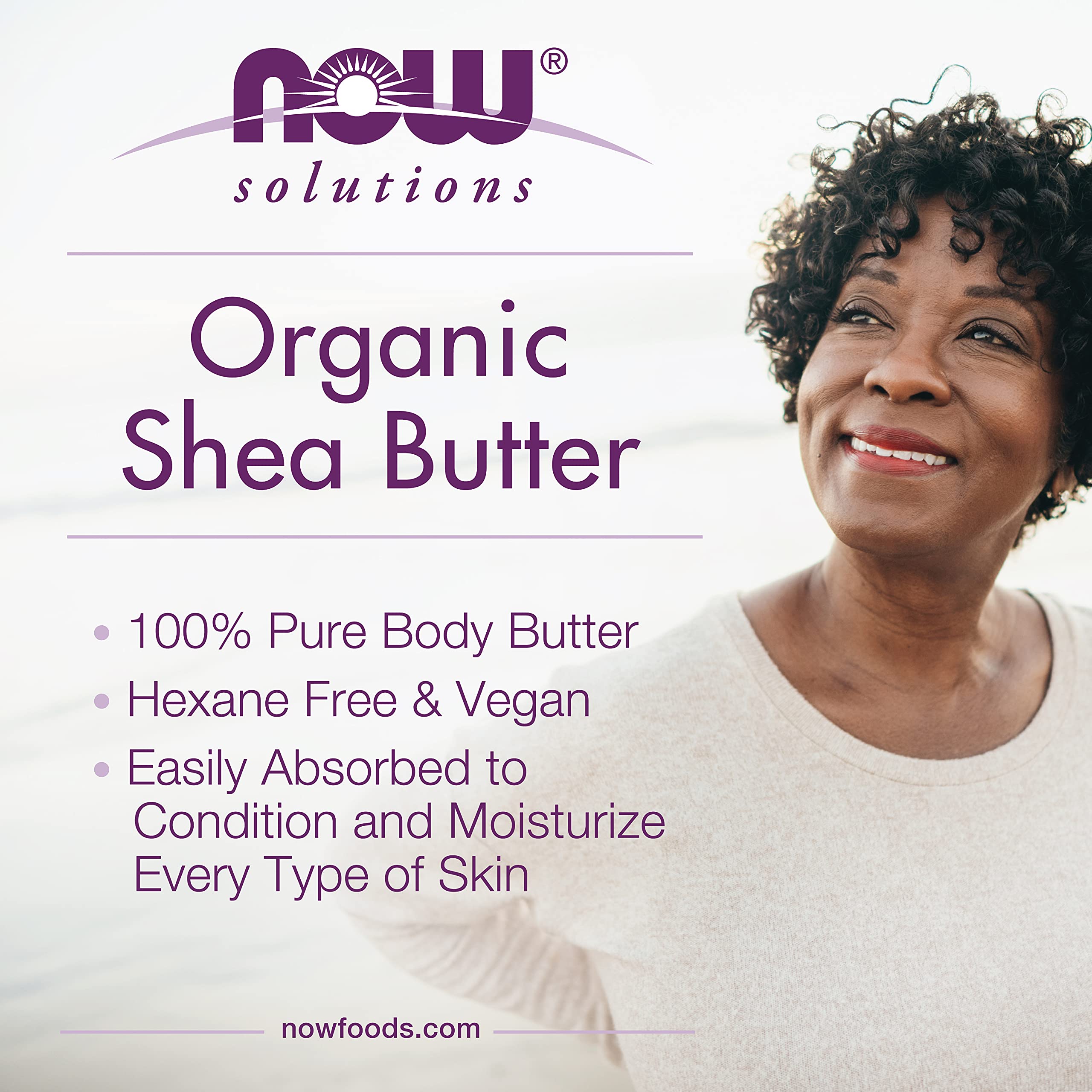 NOW Foods Shea Butter jar back label highlights organic, vegan formula and GMP quality.