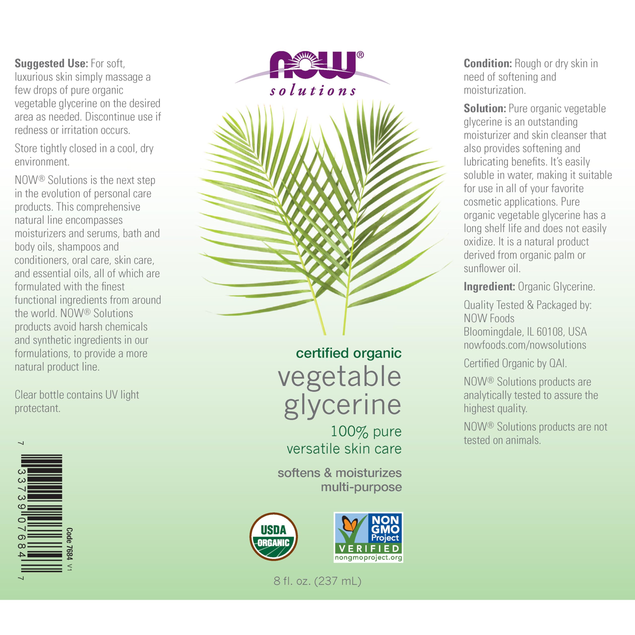 NOW Foods Glicerina Vegetal Orgánica, aplicación diaria que suaviza la piel.
