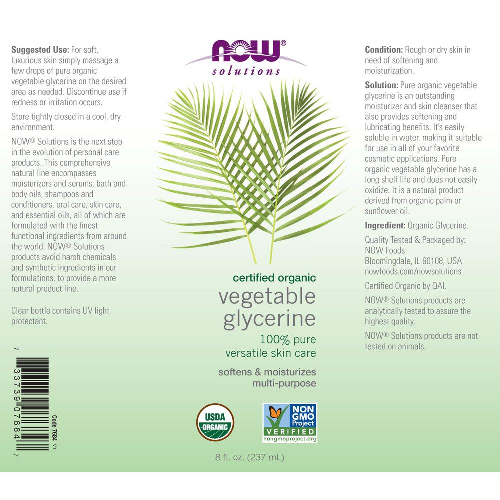 NOW Foods Glicerina Vegetal Orgánica, aplicación diaria que suaviza la piel.