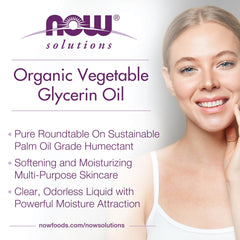 NOW Foods Glicerina Vegetal Orgánica, usado como limpiador suave para piel sensible.