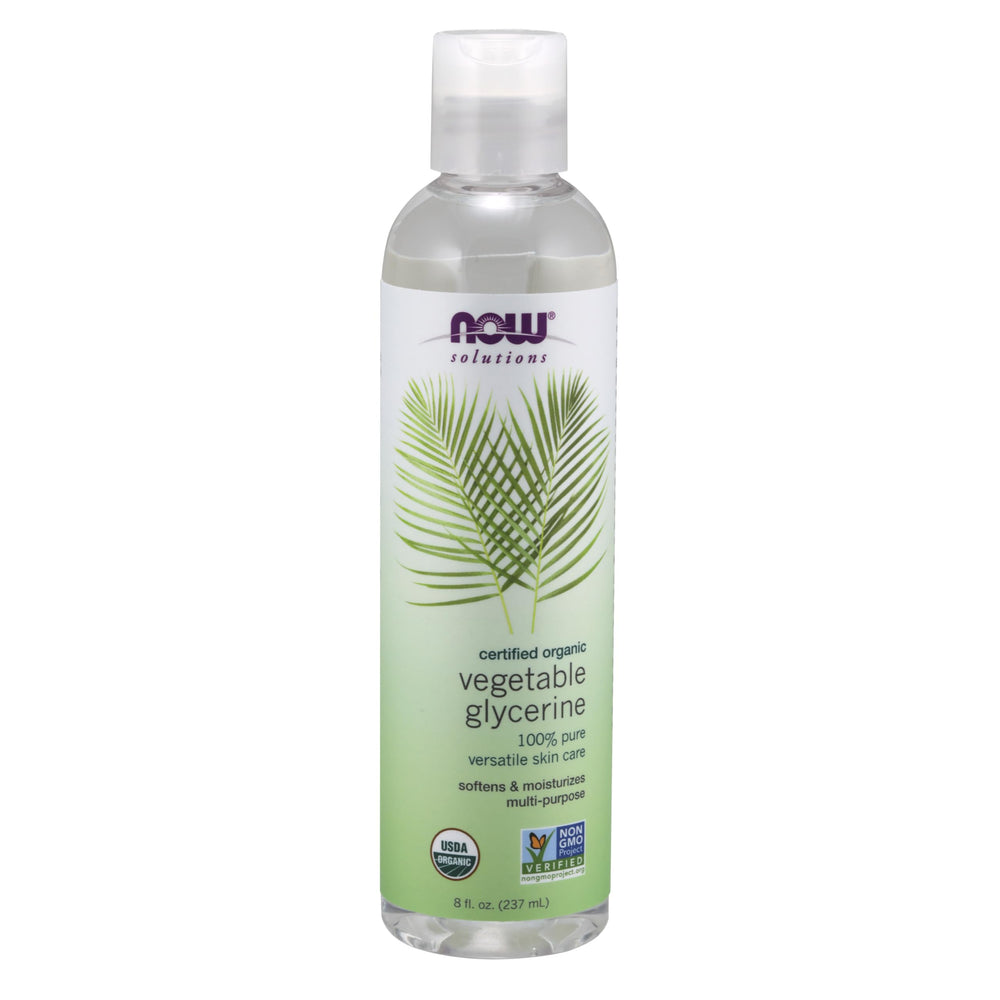 NOW Foods Glicerina Vegetal Orgánica en frasco de 8 onzas, hidratante suave para la piel.