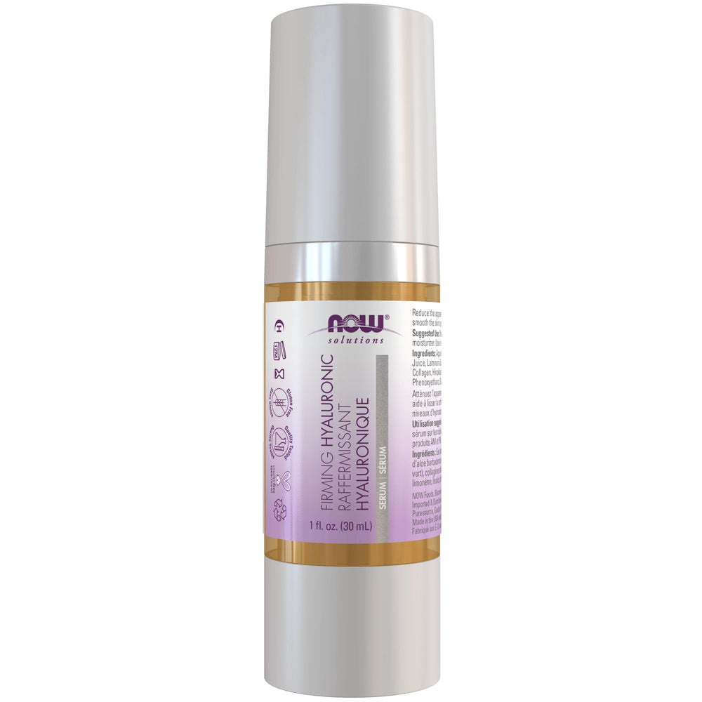 NOW Foods Solutions Hyaluronic Acid Serum bottle close-up highlighting hydrating, skin-smoothing benefits.