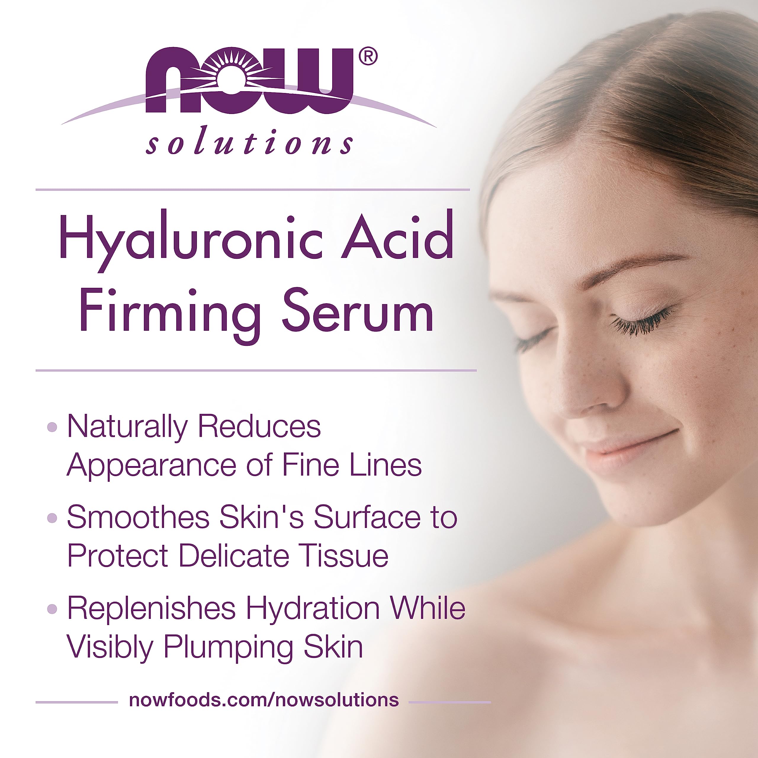 NOW Foods Hyaluronic Acid Serum ingredients scene featuring green tea and algae extracts.