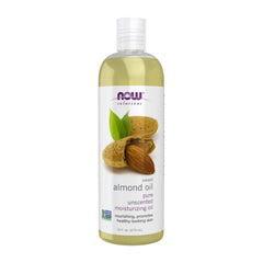 NOW Foods Sweet Almond Oil bottle shows pure unscented skin nourishment.