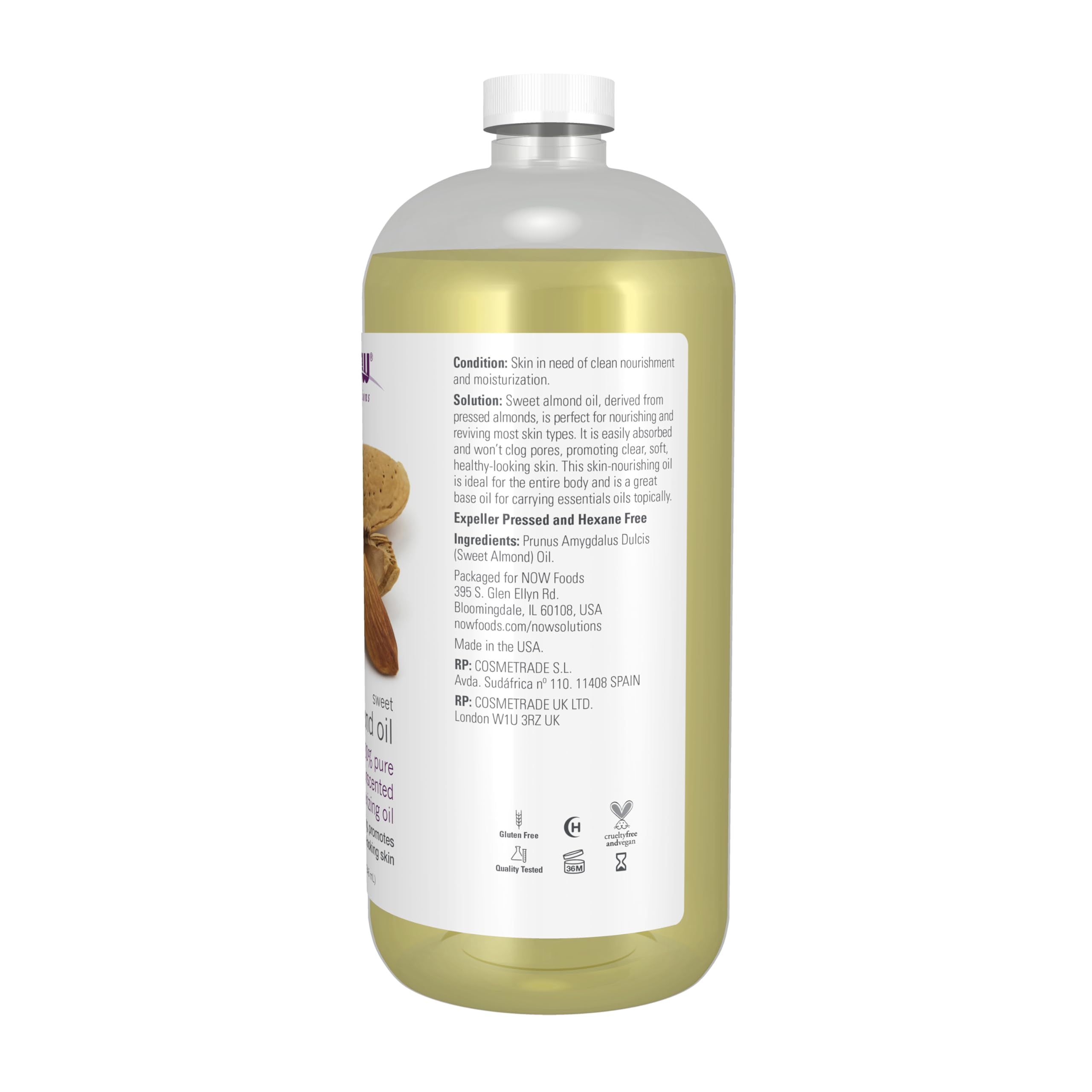 NOW Foods Sweet Almond Oil label closeup shows pure unscented formula