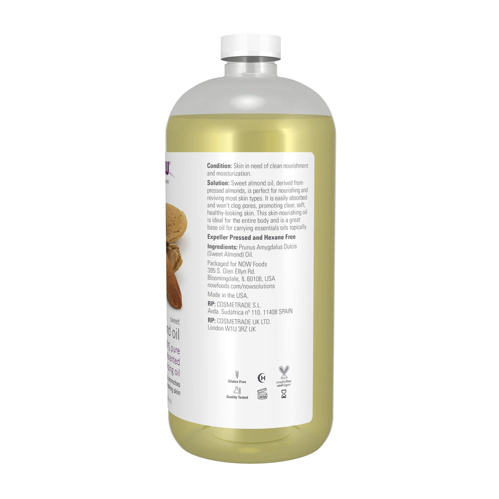 NOW Foods Sweet Almond Oil label closeup shows pure unscented formula