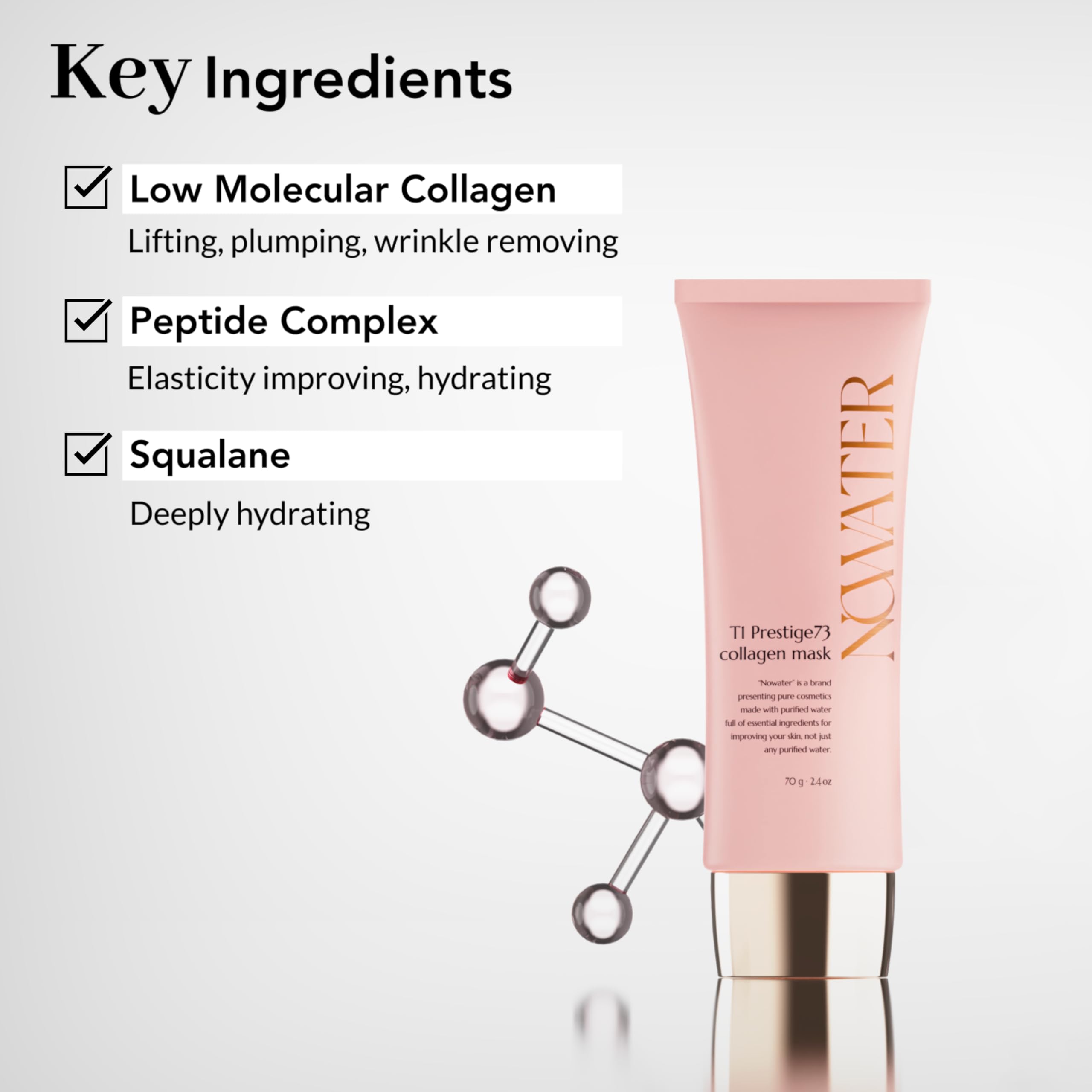 NOWATER Collagen Wrapping Mask glass-skin result illustrates dewy, plump complexion.